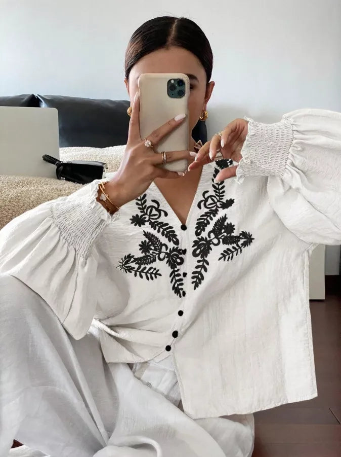 Embroidered Notched Long Sleeve Blouse