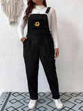 Embroidered Sunflower Wide Strap Overalls with Pockets