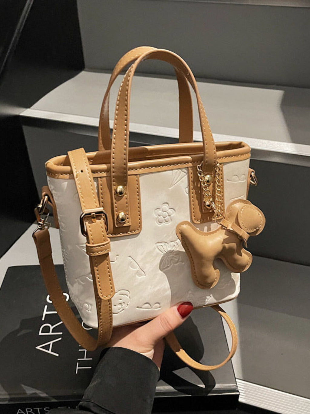 Embossed Pattern Crossbody Bag with Dog Charm