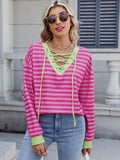 Lace-Up Striped Long Sleeve T-Shirt