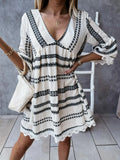 V-Neck Lace Trim Striped Babydoll Dress