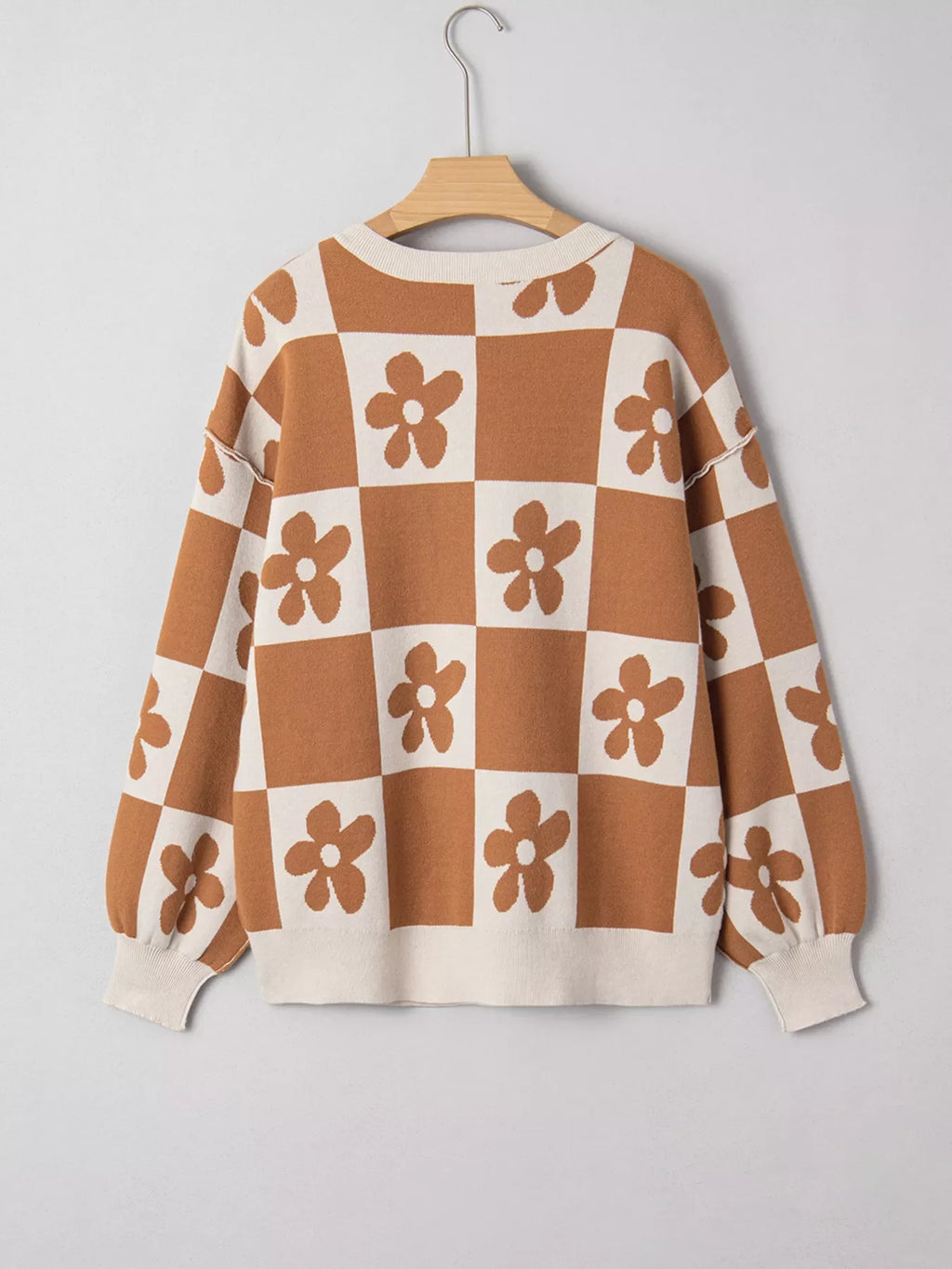 Flower Plaid Henley Baggy Sweater