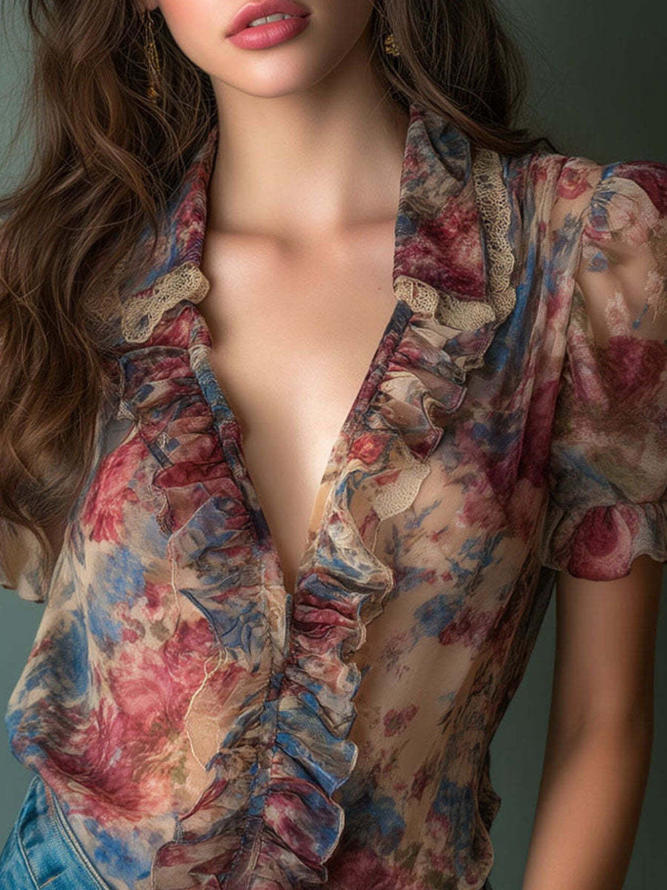 Floral Print Ruffle Trim Blouse