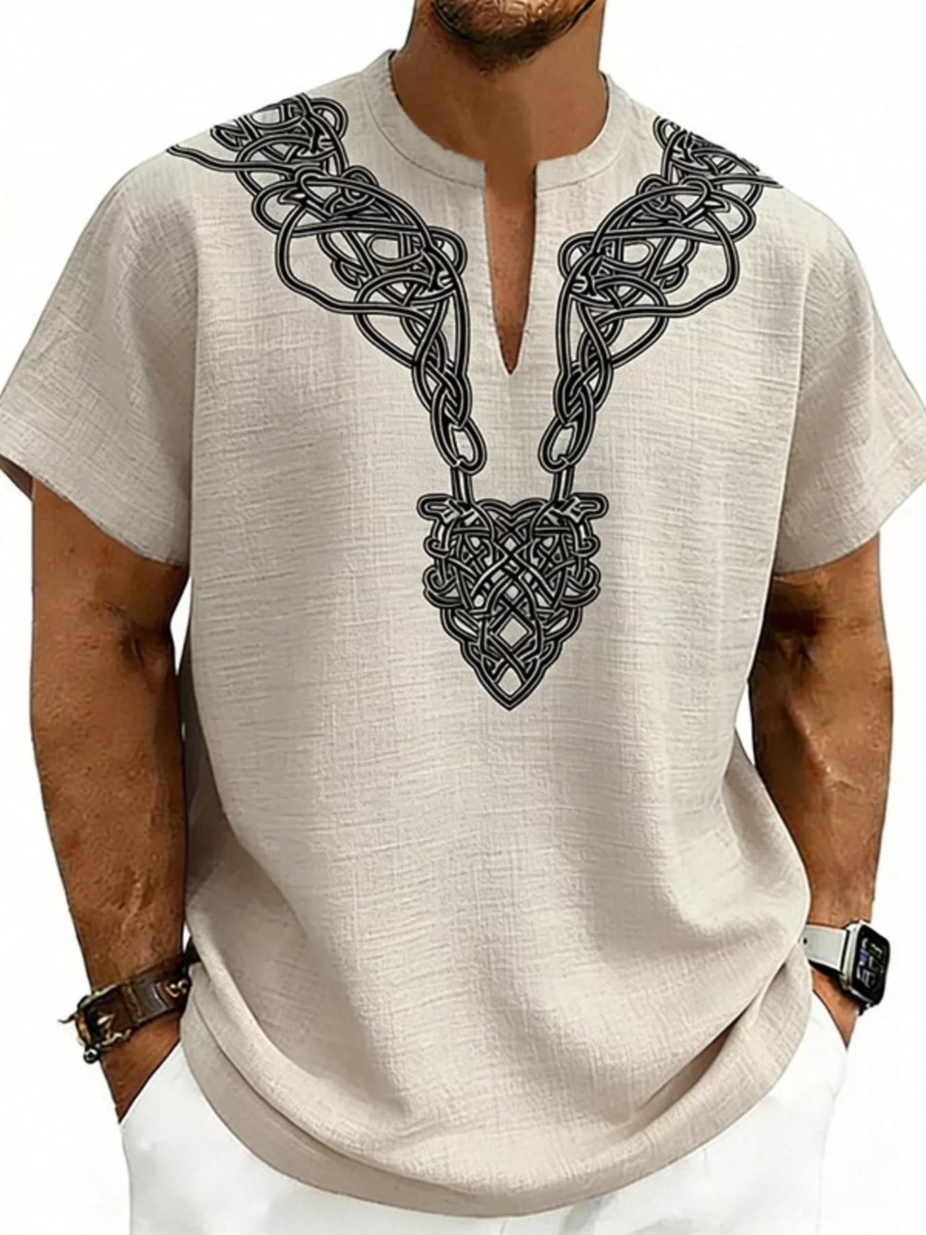 Men's Full Size Notched Printed Short Sleeve Blouse Plus Size