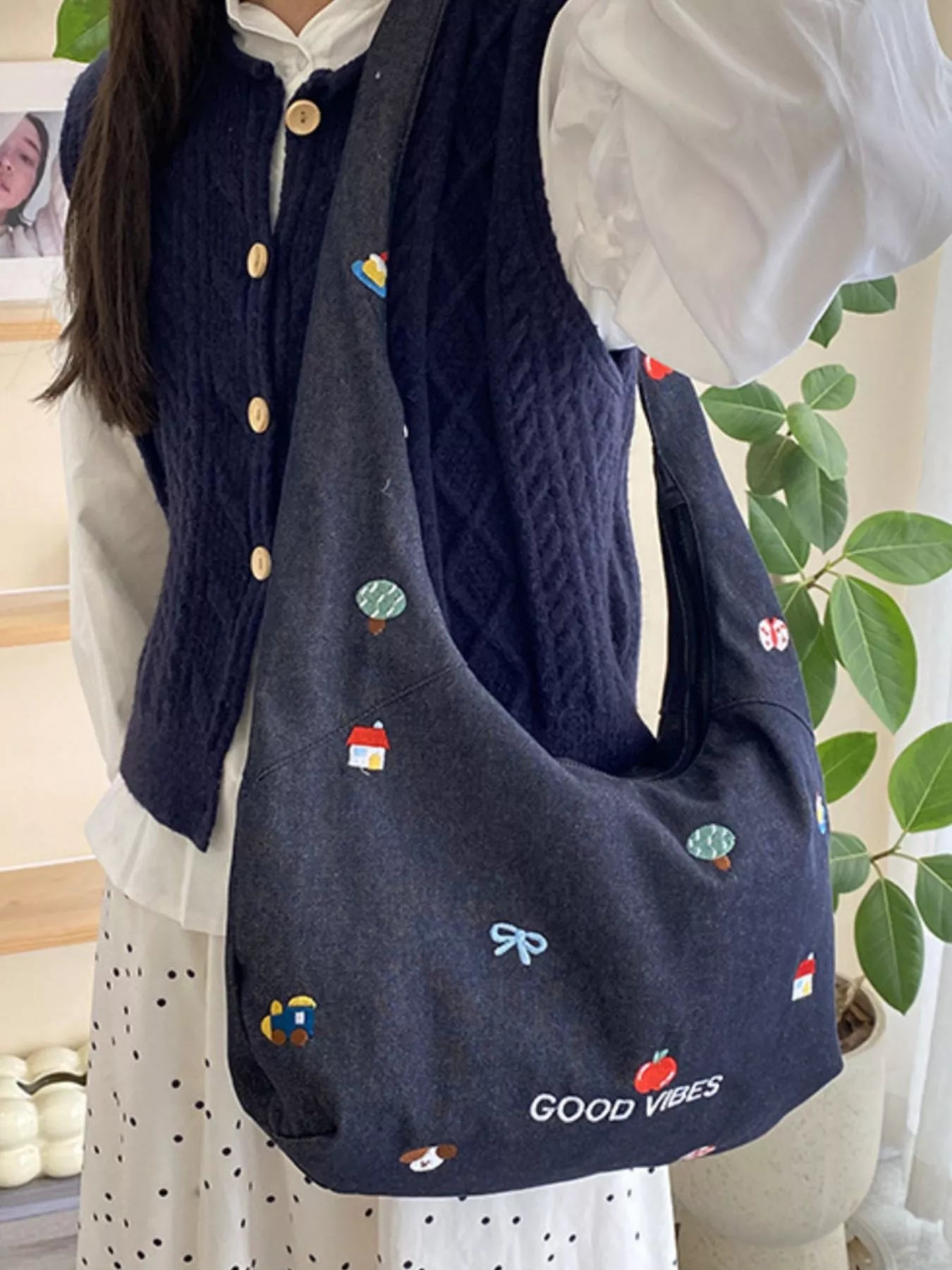 Embroidered Denim Crossbody Bag