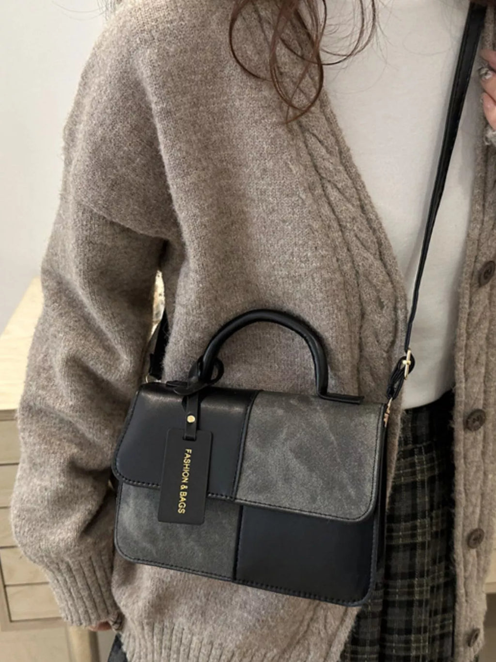 Color Block Flap Crossbody Bag with Top Handle