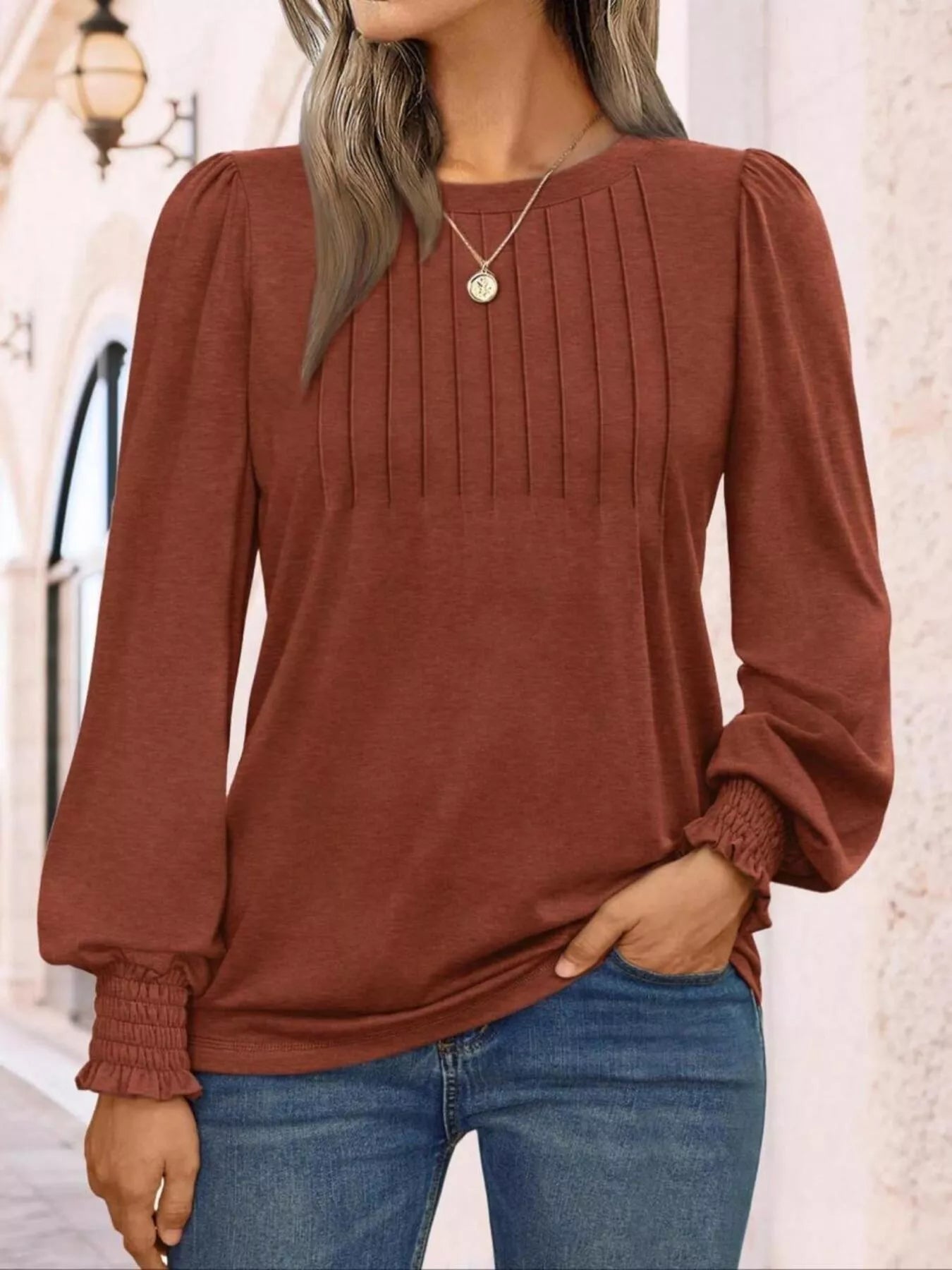 Round Neck Lantern Sleeve Top