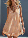 Striped V-Neck Ruffle Hem Mini Dress