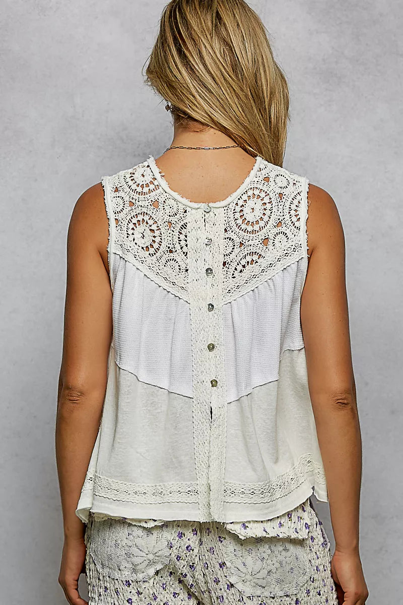 POL Round Neck Sleeveless Top with Crochet Contrast