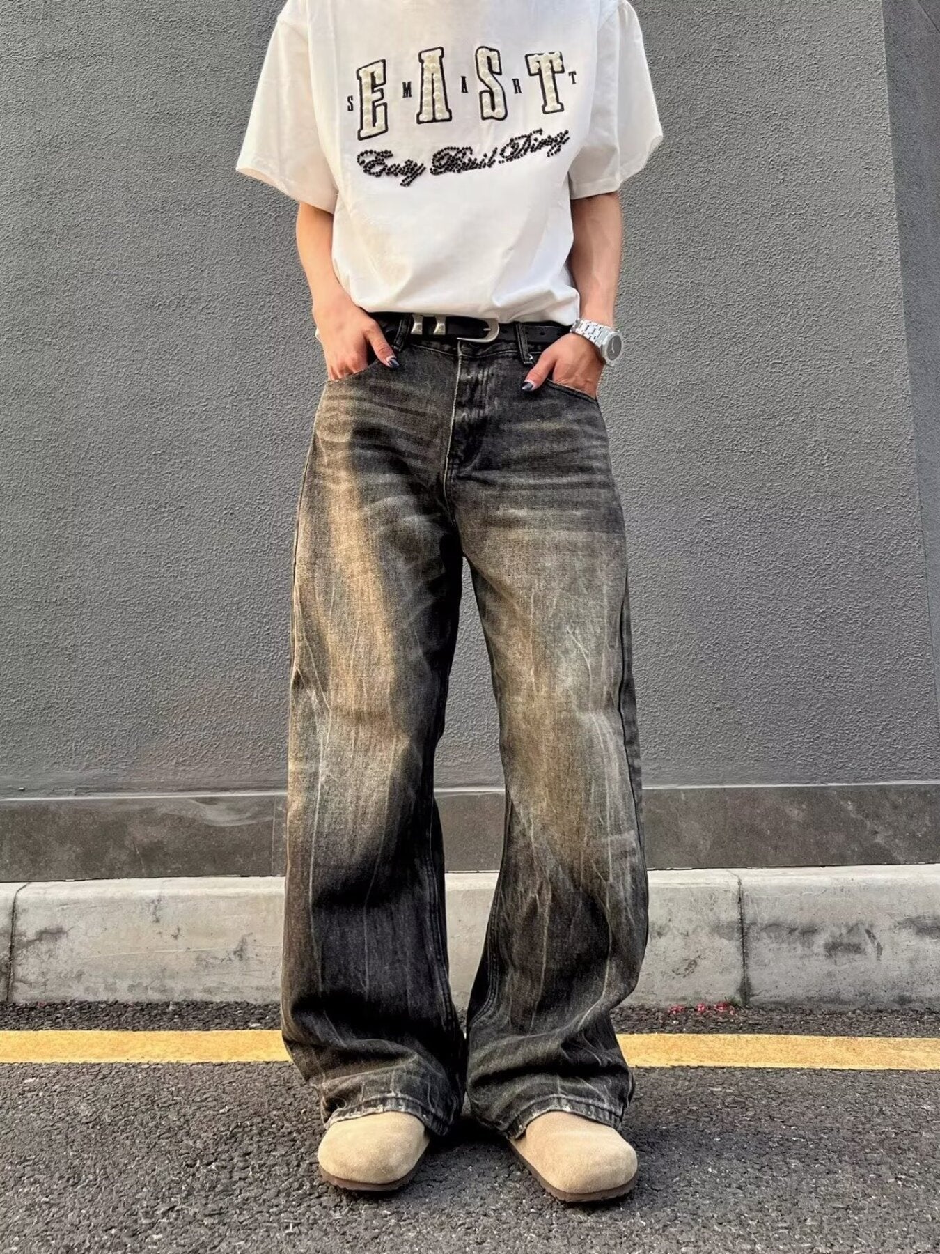 Men's Full Size Vintage Wash Wide Leg Jeans Plus Size