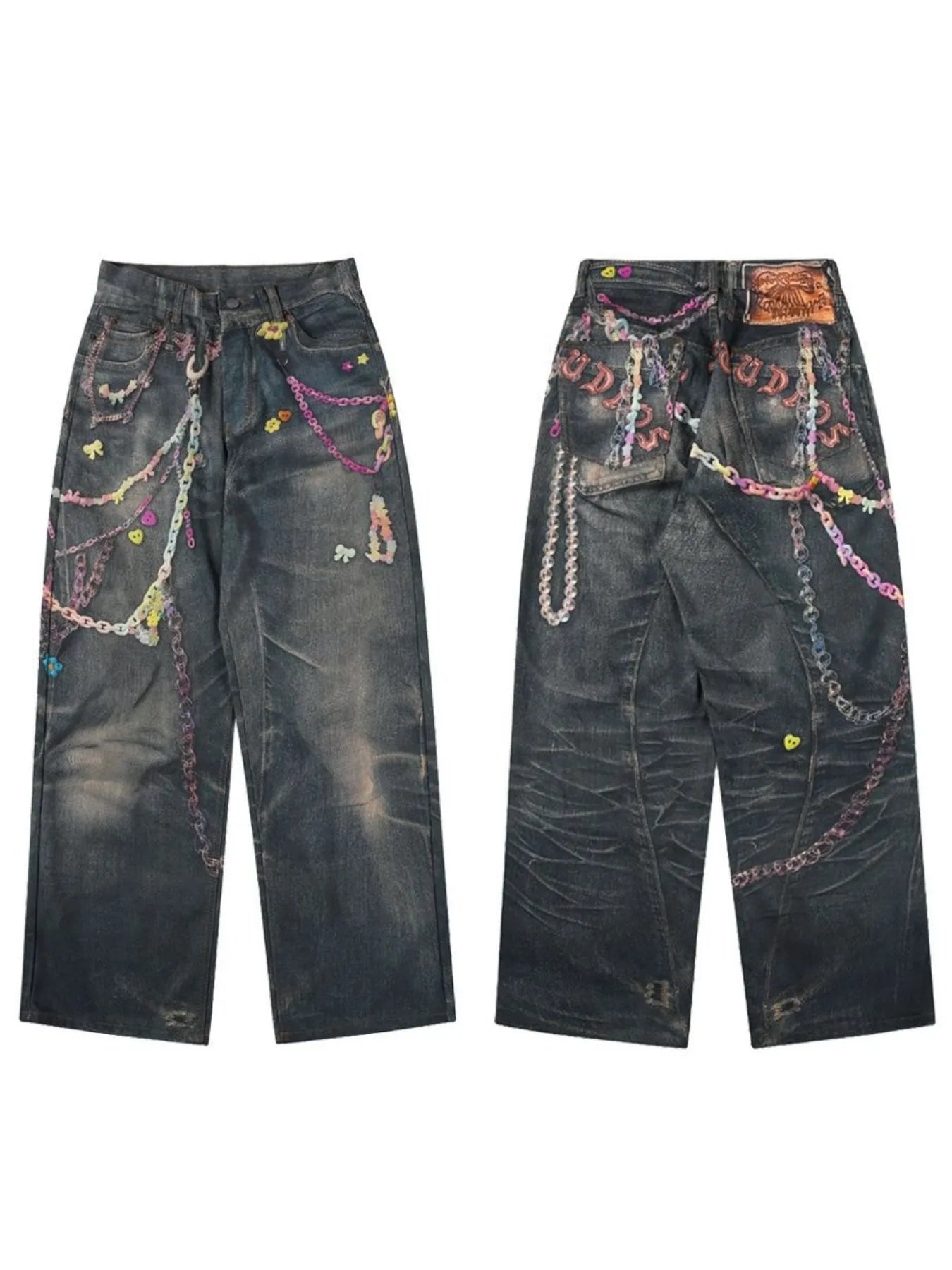 Men's Printed Washed Distressed Wide Leg Jeans