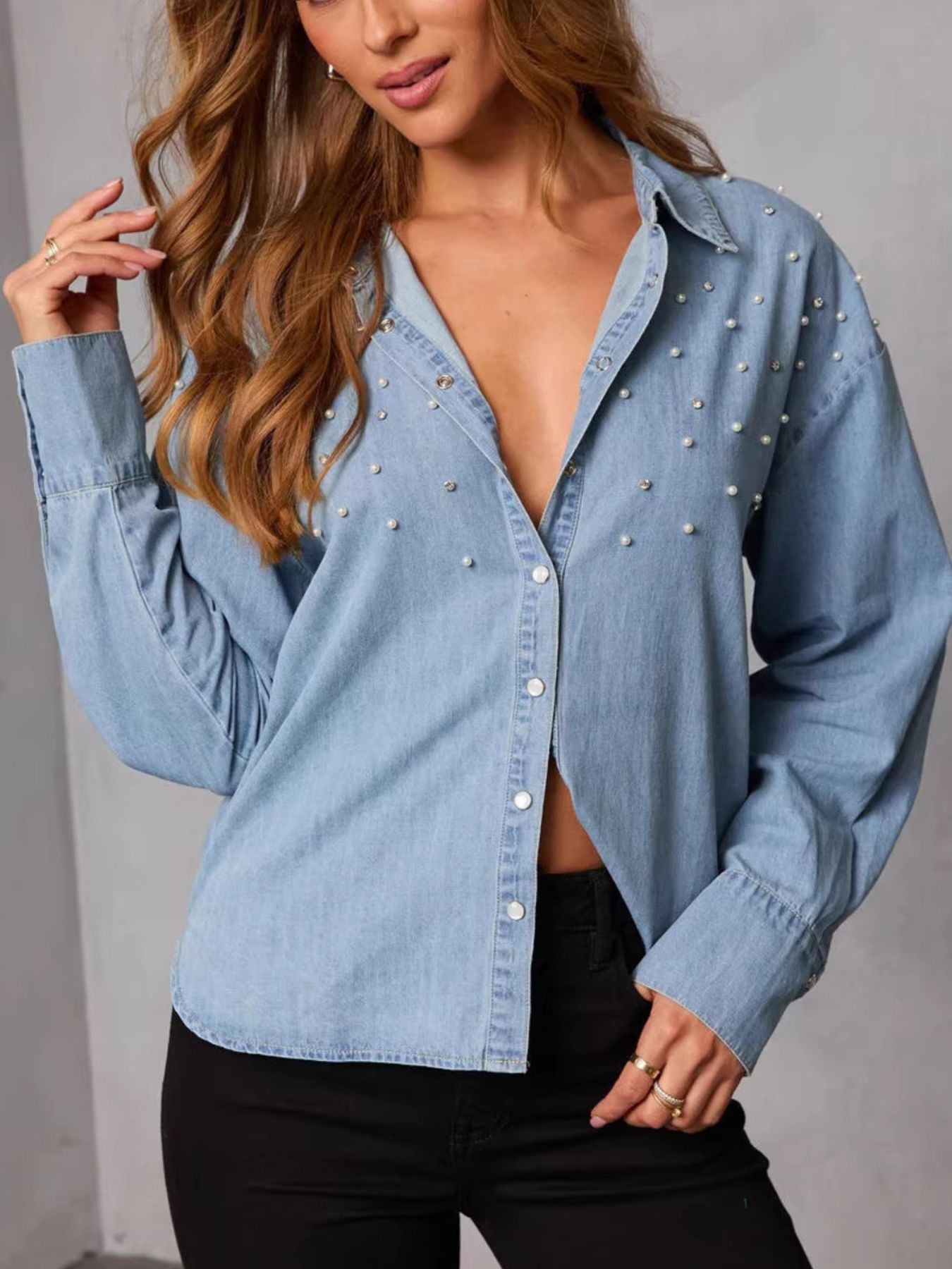Pearl Embellished Button Up Denim Shirt