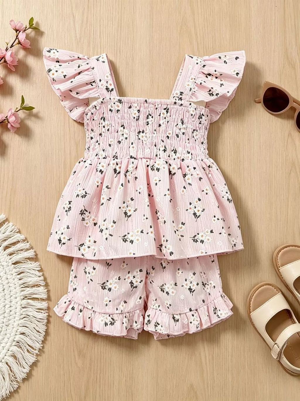 Children's Floral Print Bow Top and Shorts Set