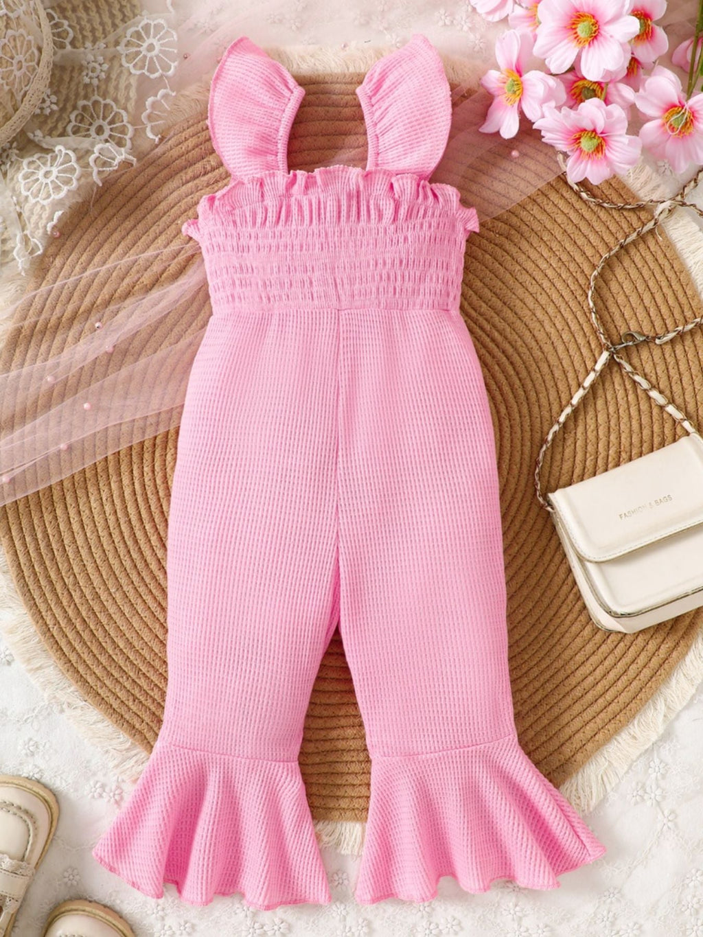 Children's Floral Decor Smocked Ruffle Hem Jumpsuit