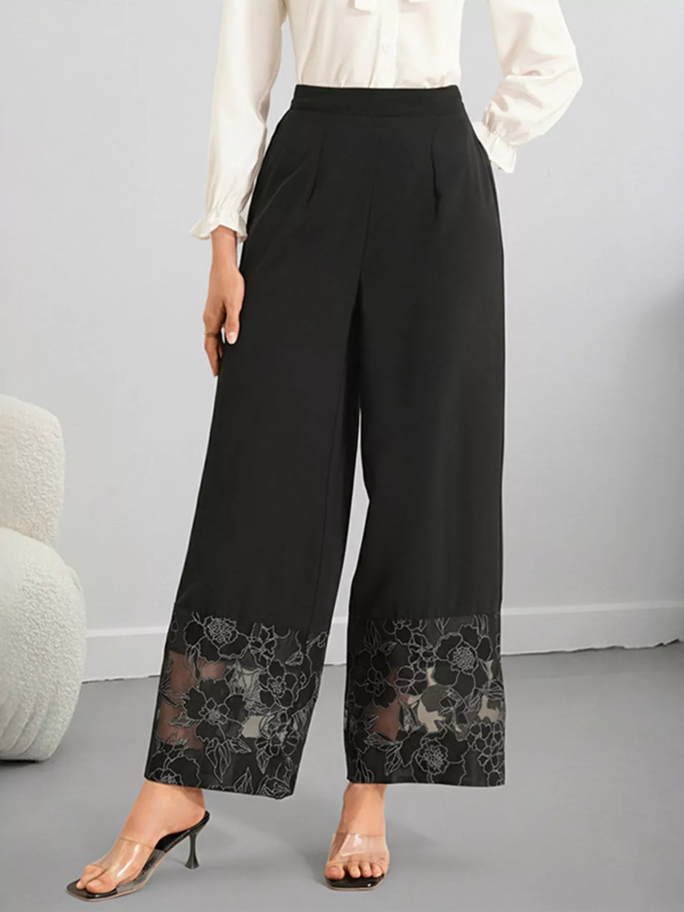 Floral Lace Hem Wide Leg Pants