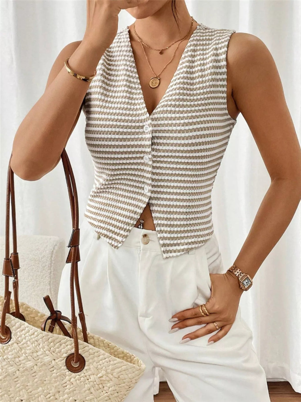 Striped Knit V-Neck Vest