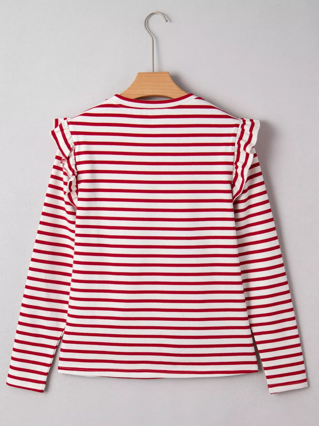Stripe Round Neck Ruffle Trim Long Sleeve Top