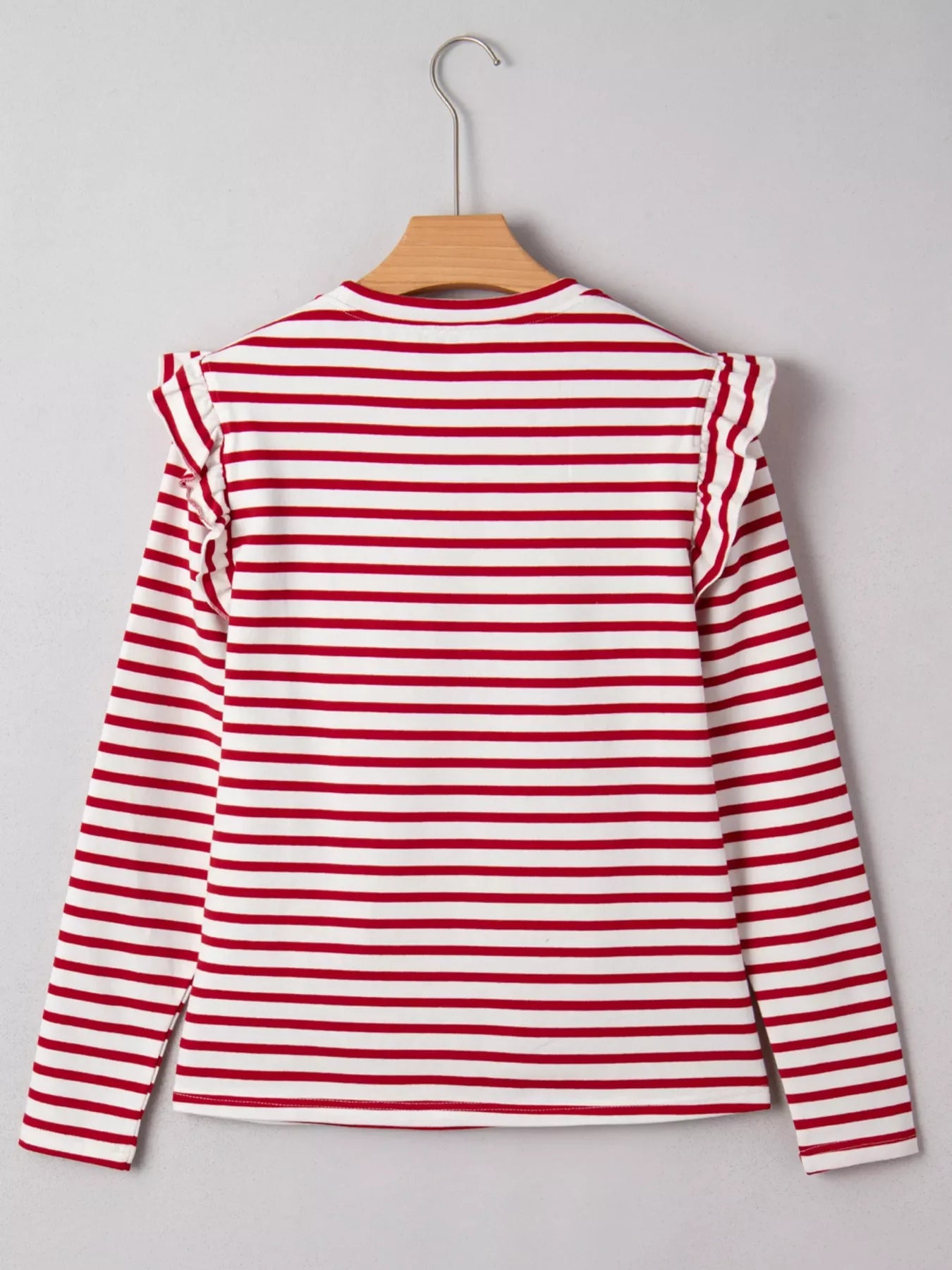 Stripe Round Neck Ruffle Trim Long Sleeve Top