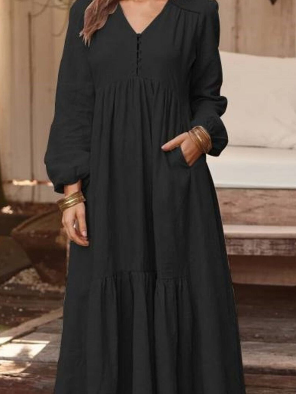 Full Size V-Neck Long Sleeve Tiered Maxi Dress Plus Size