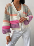 Rainbow Striped Cropped Cardigan with Balloon Sleeves
