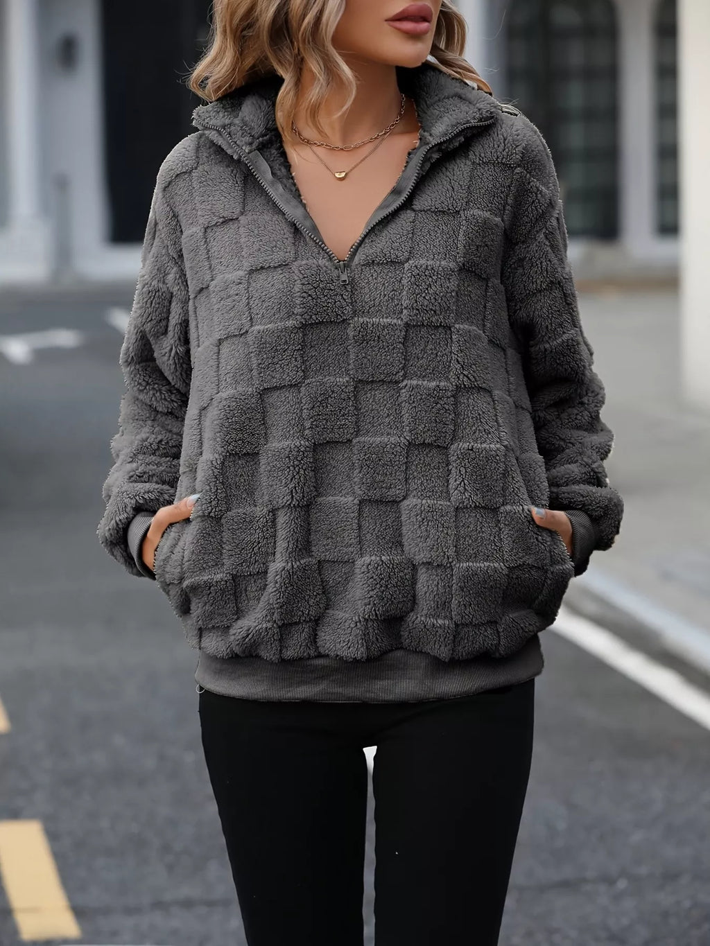 Cozy Checkered Fleece Quarter Zip Sweatshirt