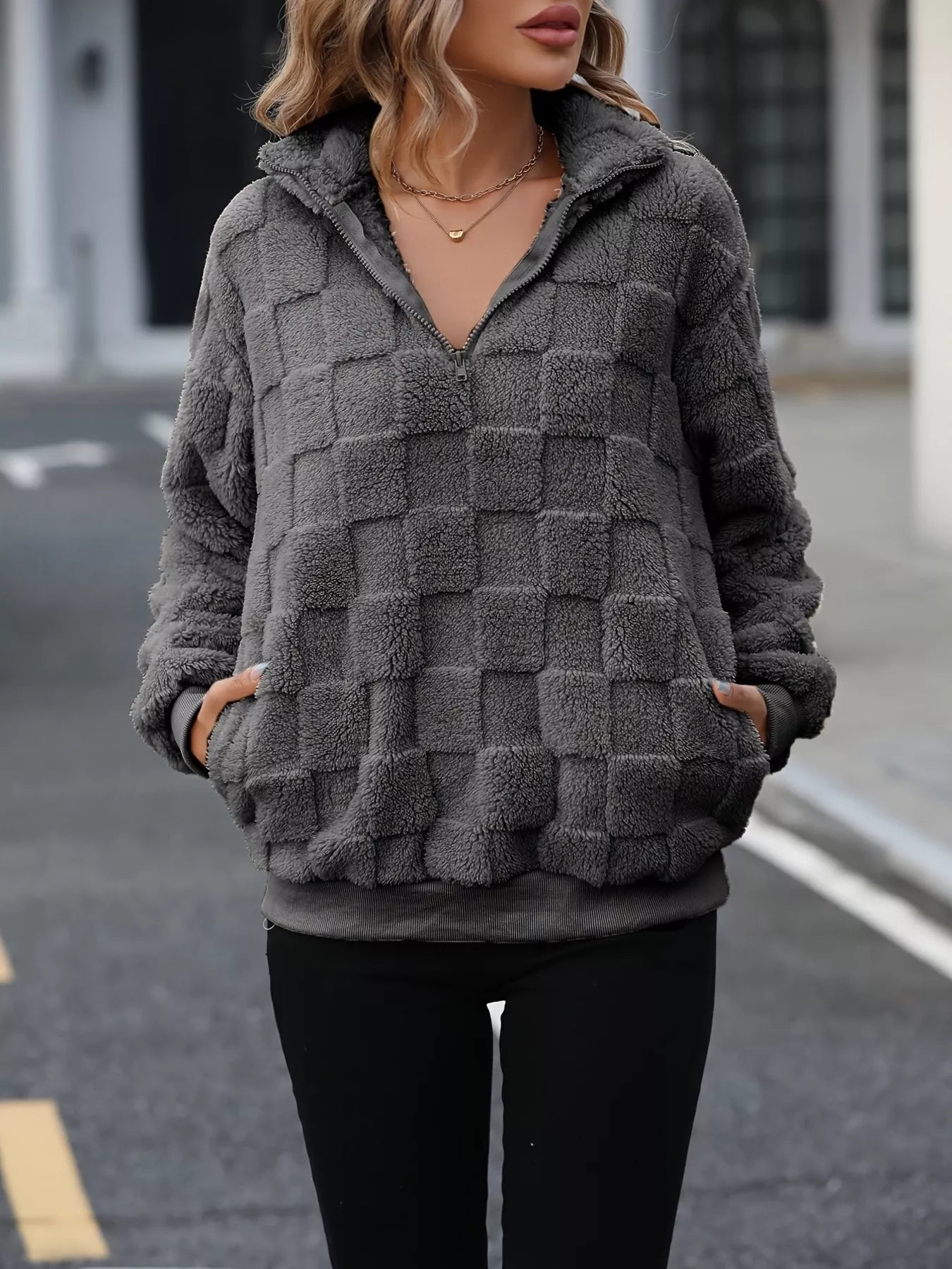 Cozy Checkered Fleece Quarter Zip Sweatshirt