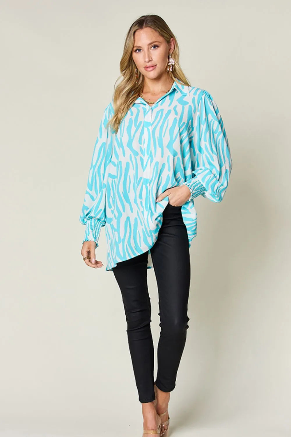 Double Take Full Size Printed Smocked Long Sleeve Blouse Plus Size