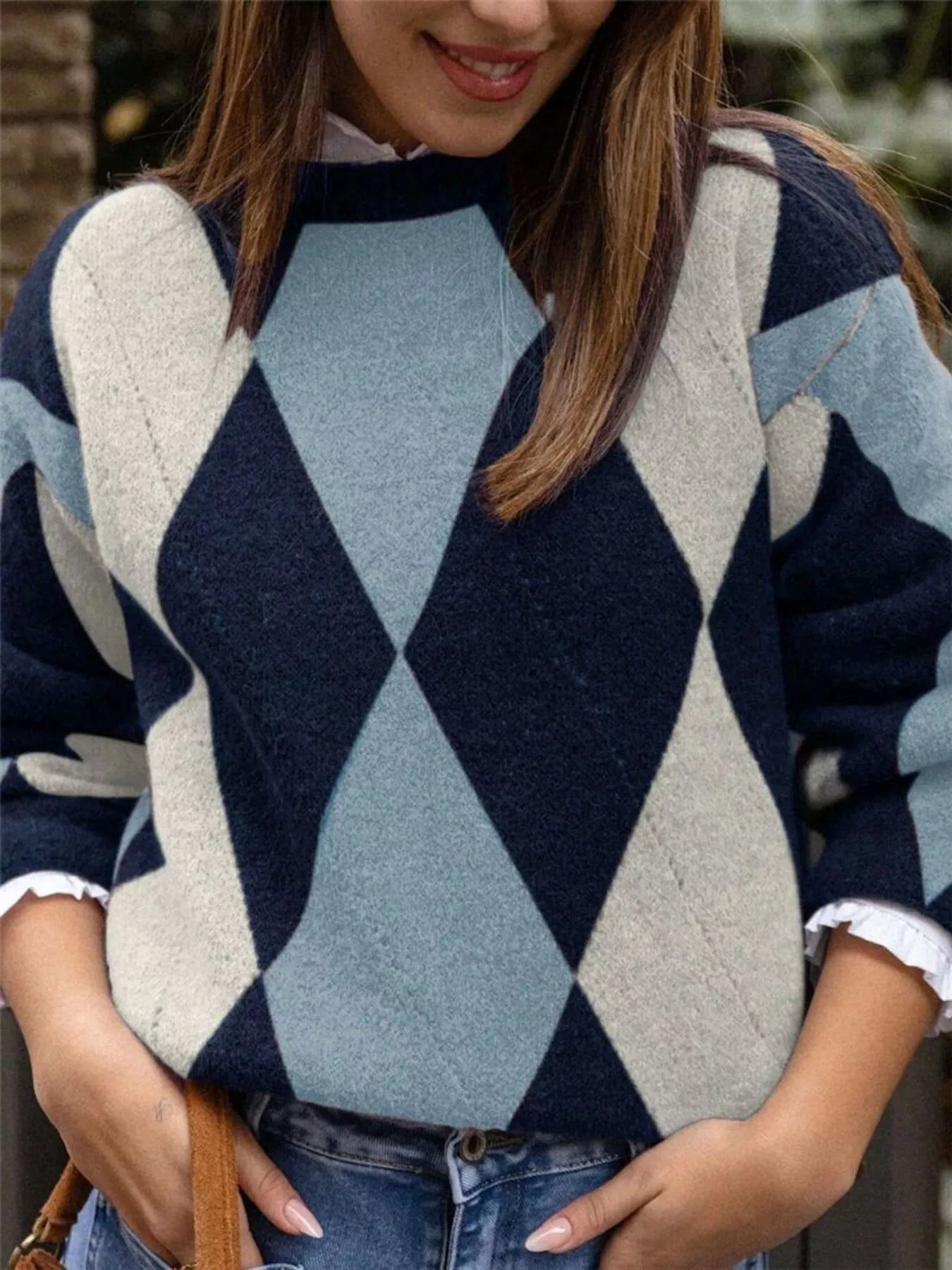 Vintage Argyle Round Neck Sweater
