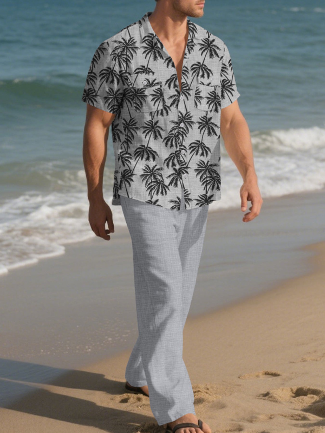 Men's Full Size Tropical Palm Print Button Up Shirt and Pants Set Plus Size