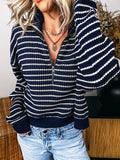 Stripe Textured Knit Half Zip Collared Long Sleeve Top