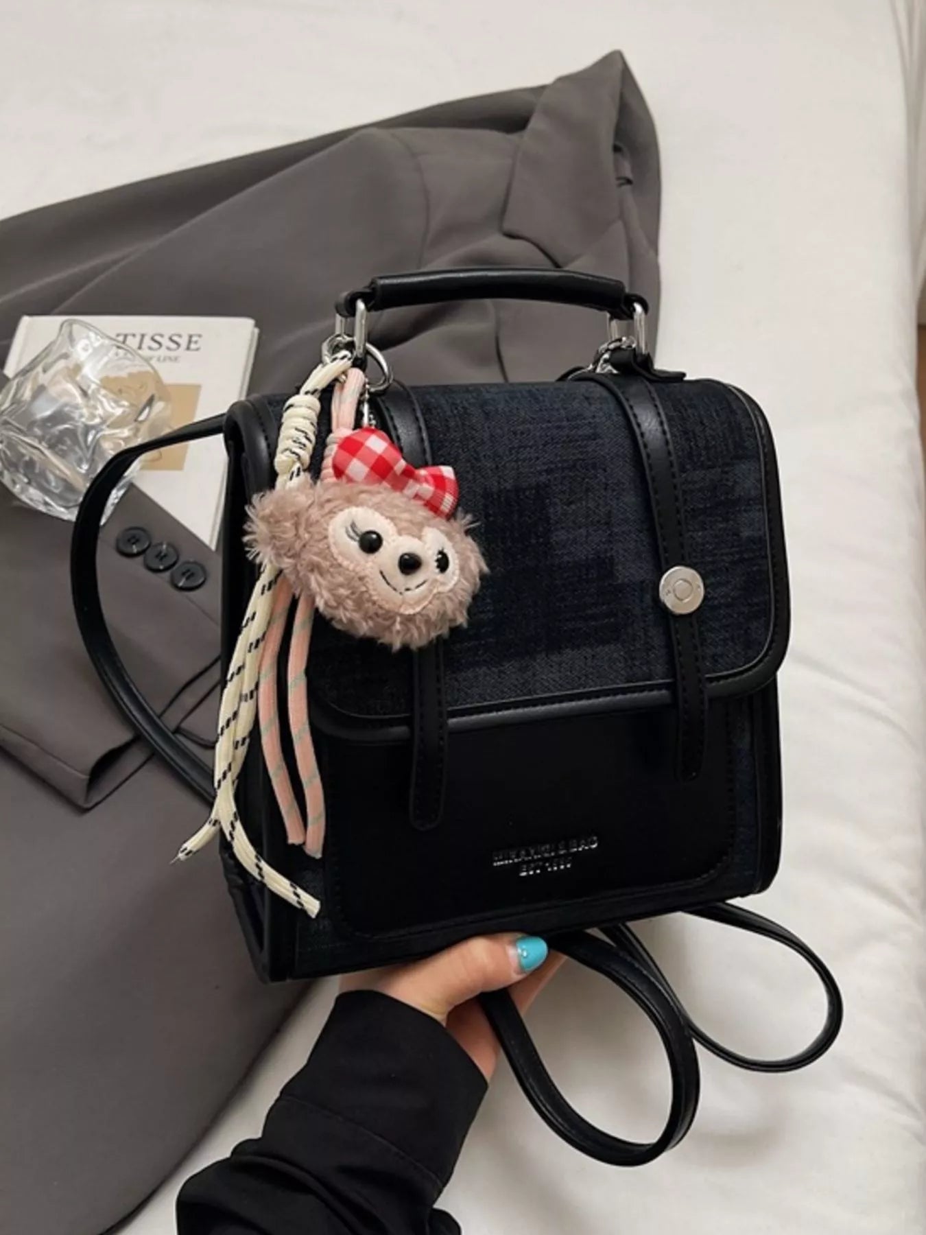 Flap Backpack Bag with Plush Charm