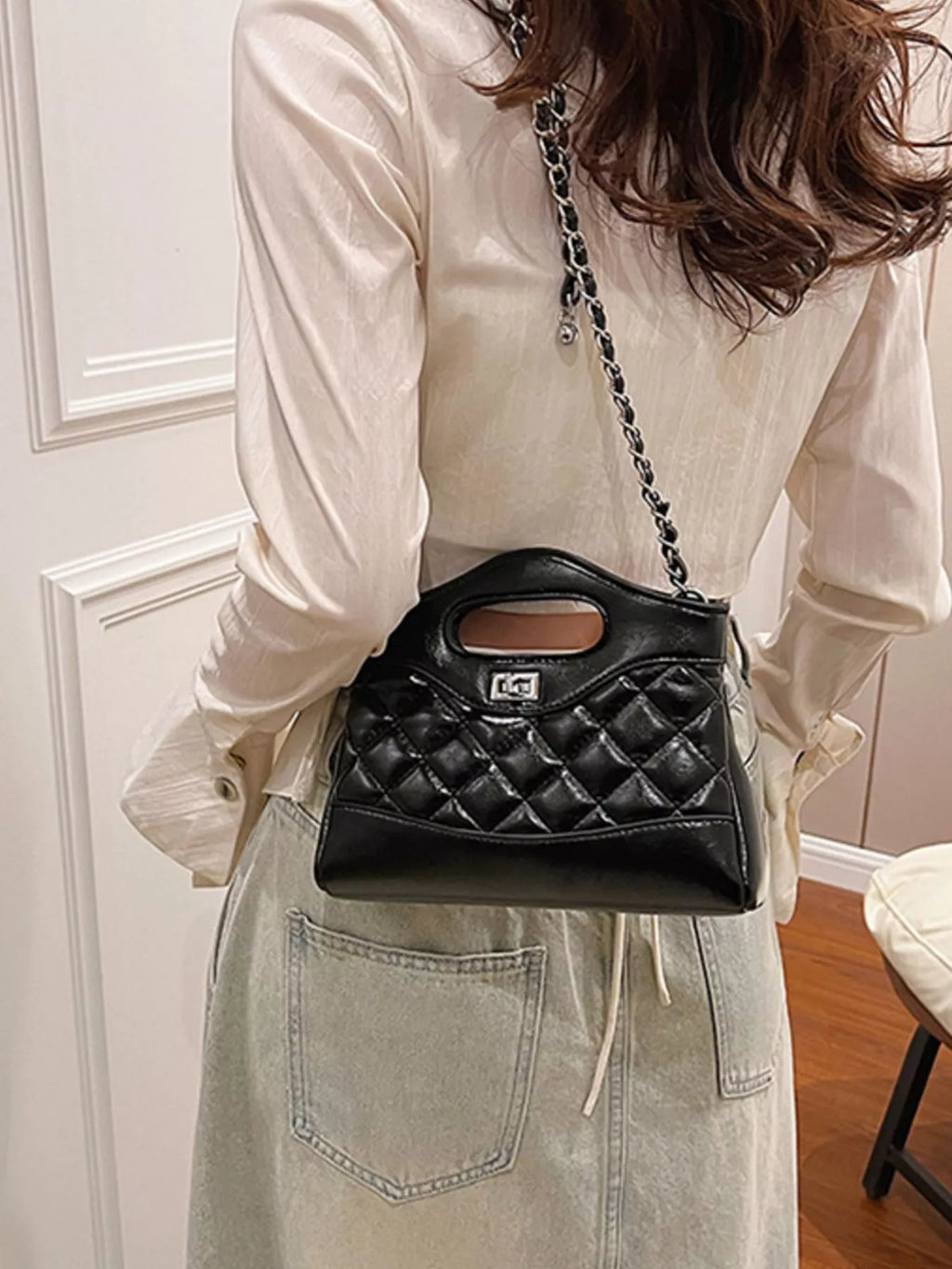 Quilted Pattern Top Handle Crossbody Bag