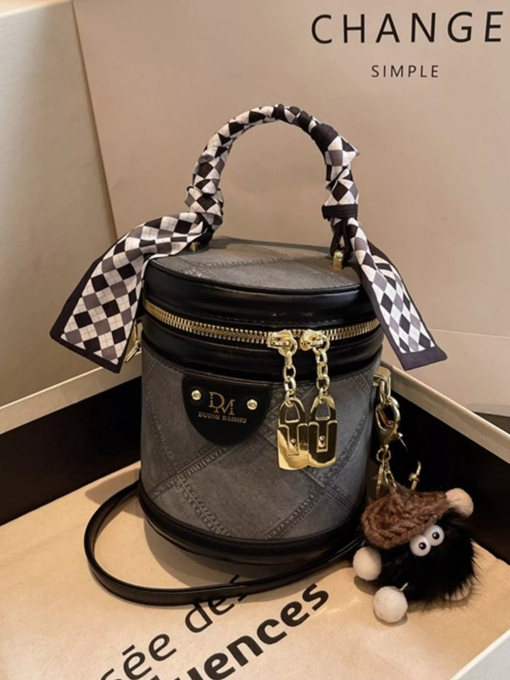 Bucket Crossbody Bag with Scarf Accent