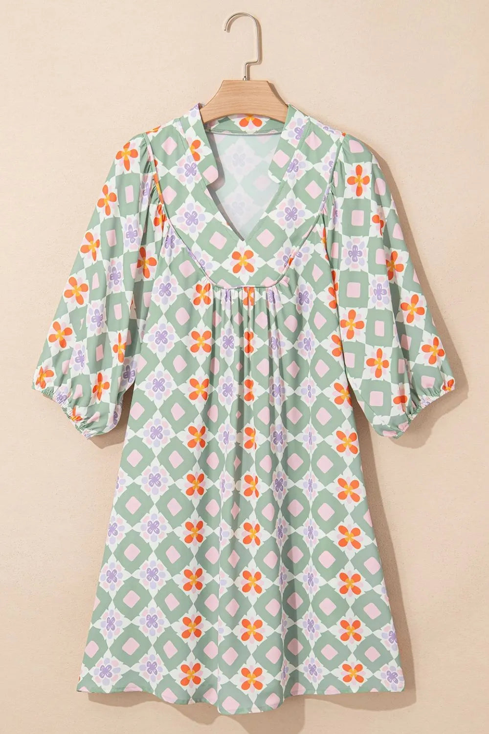 Printed Notched 3/4 Balloon Sleeves Loose Dress