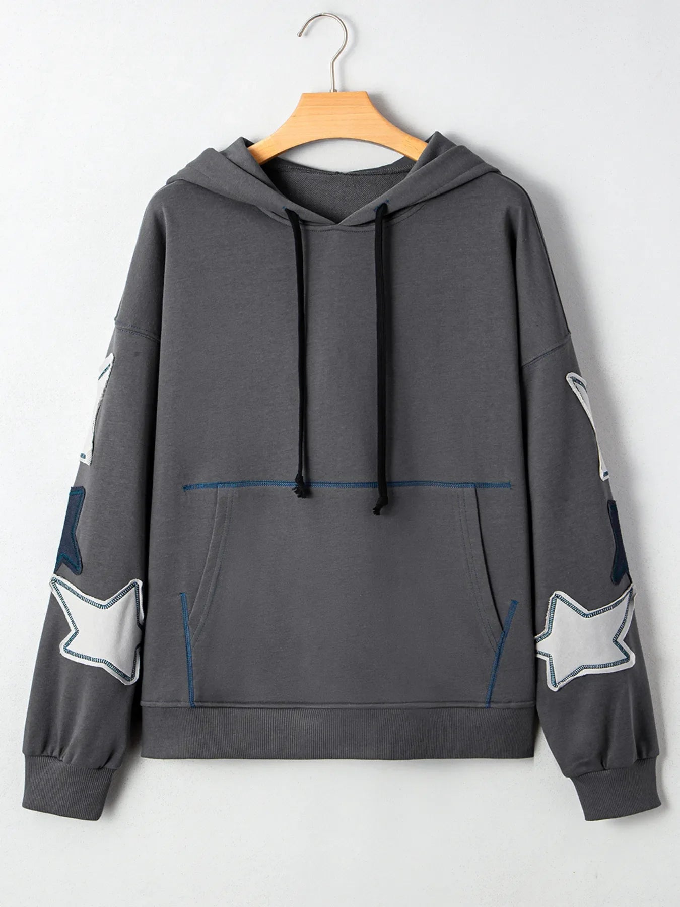 Star Patchwork Contrast Stitching Mineral Wash Kangaroo Pocket Hoodie