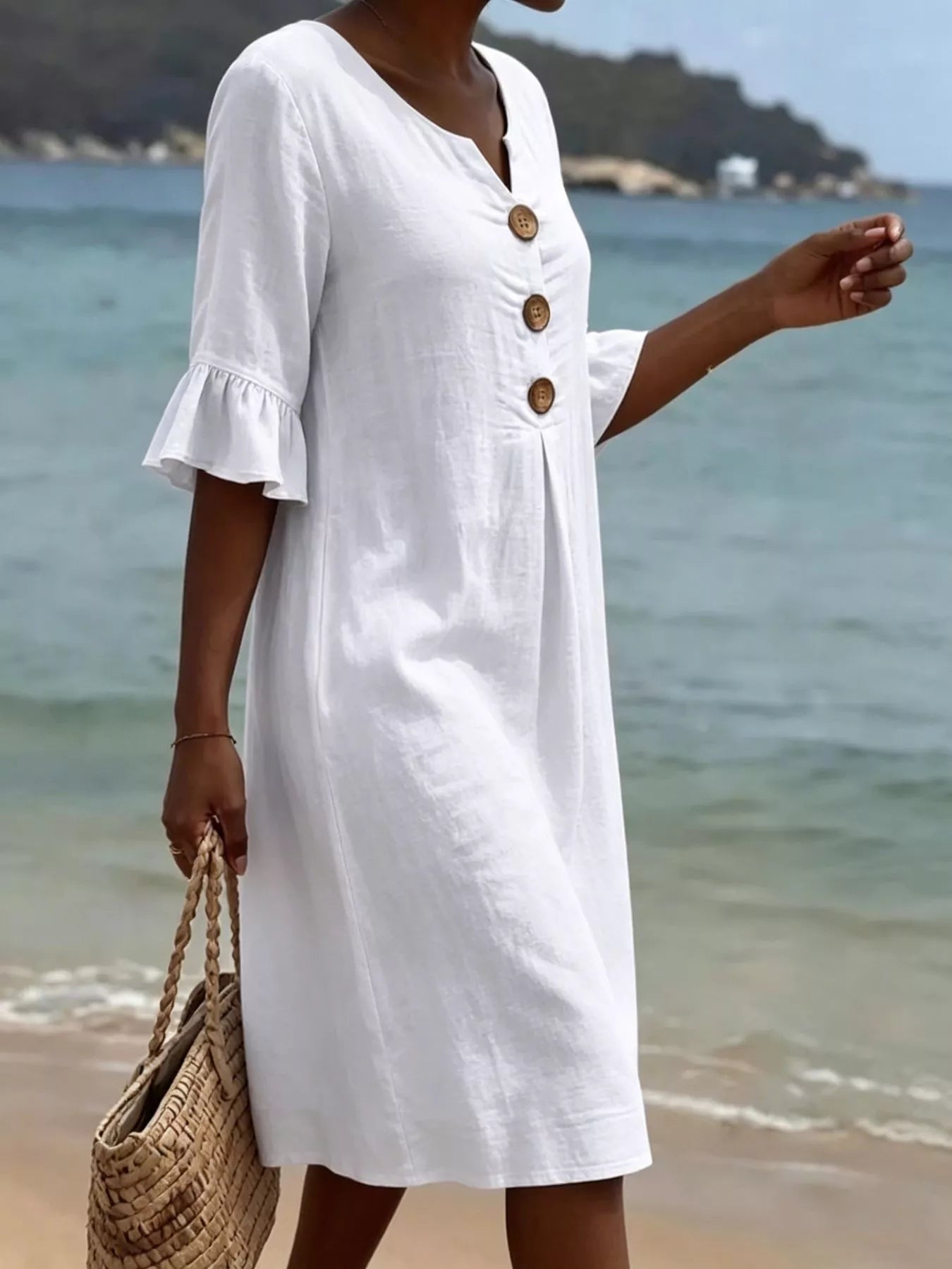 Full Size Button Decor Flounce Sleeve Dress Plus Size