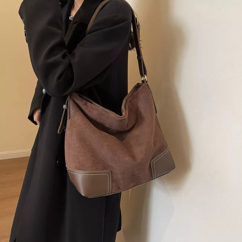 Suede Tote Bag with Leather Trim