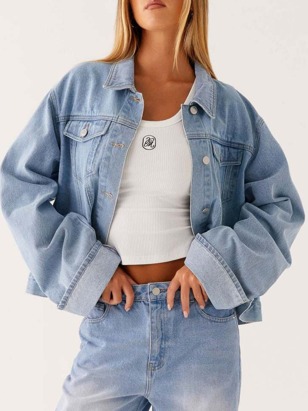 Button Down Cropped Oversized Denim Jacket