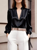 Notched Long Sleeve Blouse