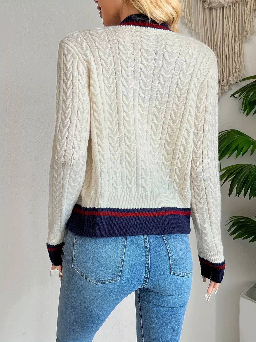 Contrast Trim Cable Knit Cardigan