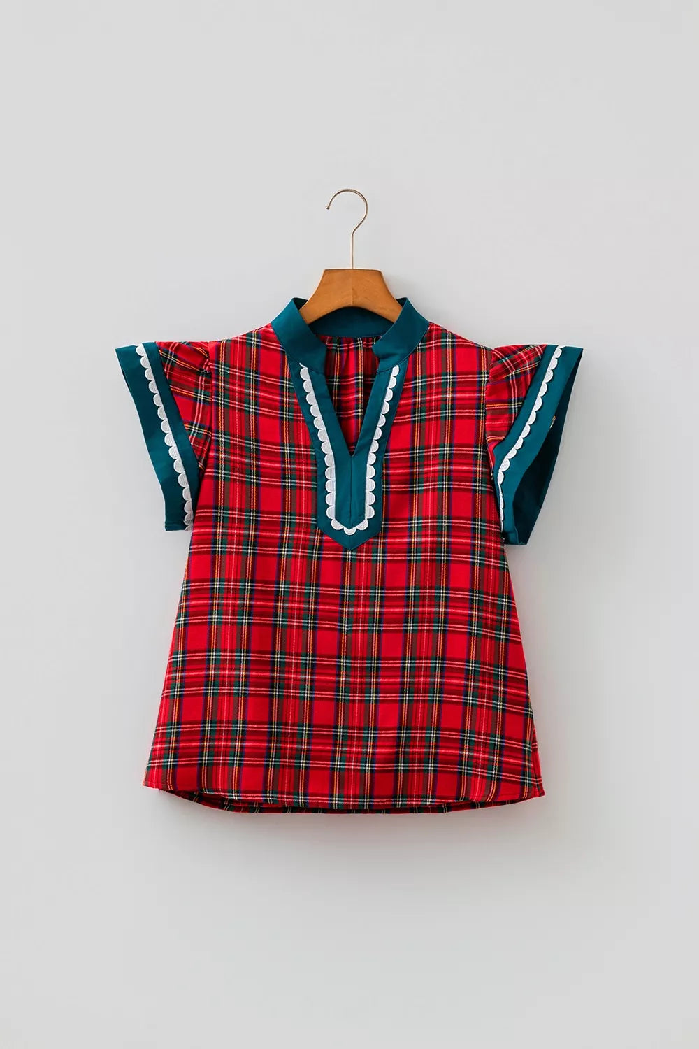 Plaid V Neck Short Sleeve Shift Blouse