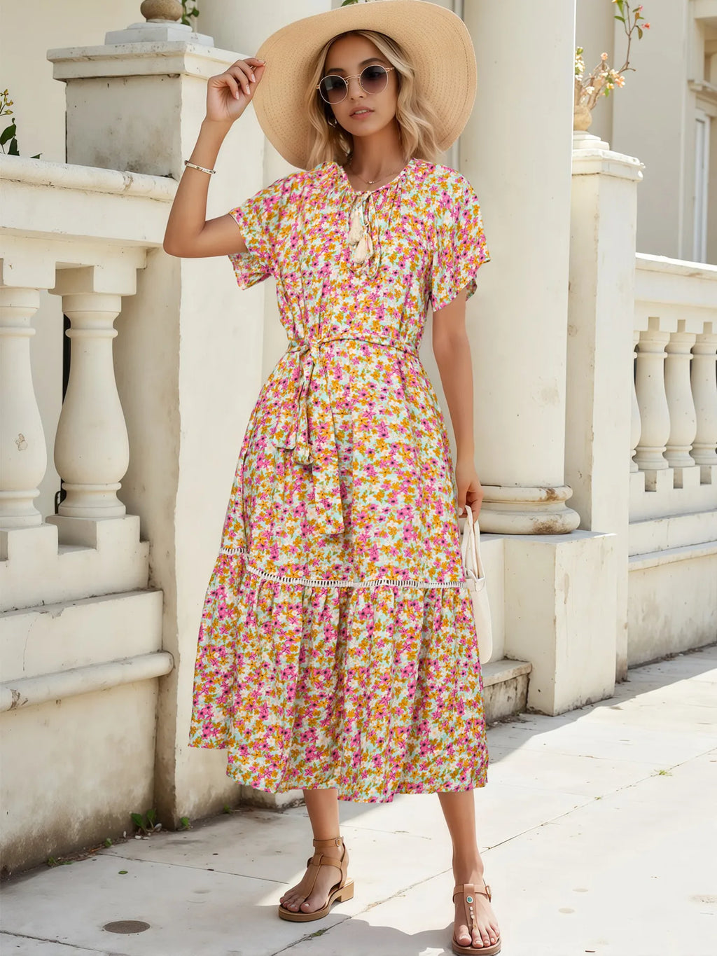 Floral Print Ruffle Hem Midi Dress