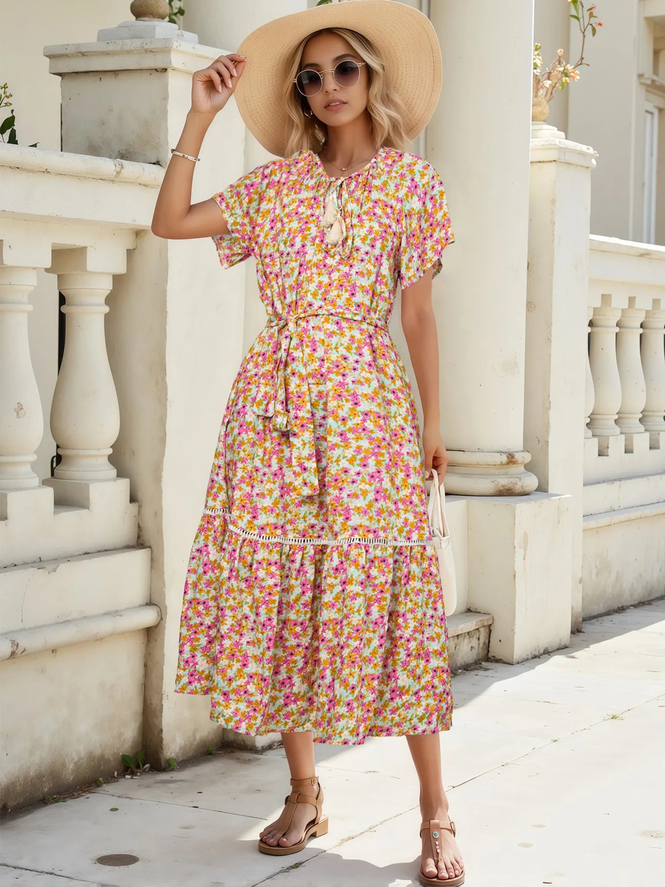 Floral Print Ruffle Hem Midi Dress
