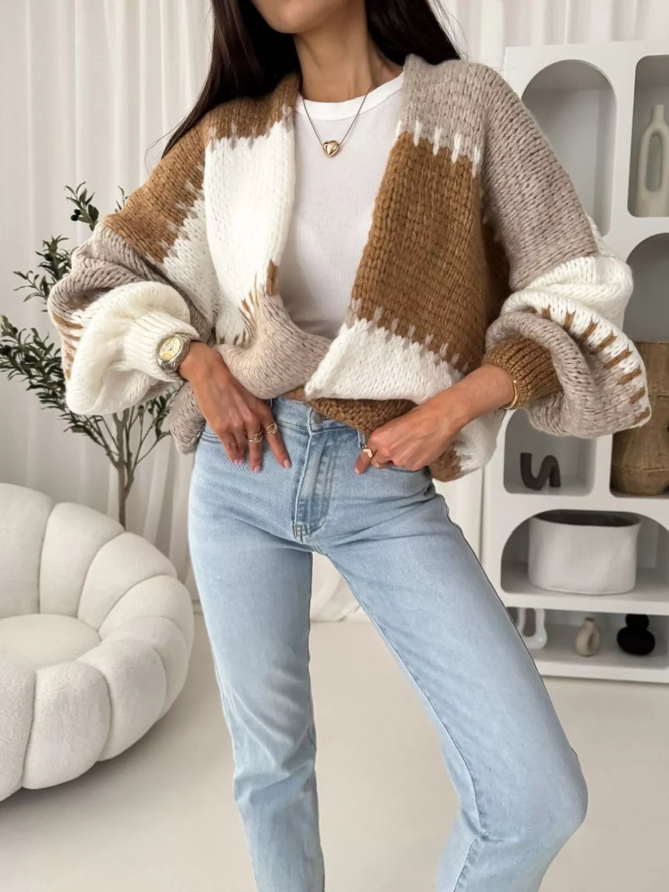 Color Block Open Front Cardigan