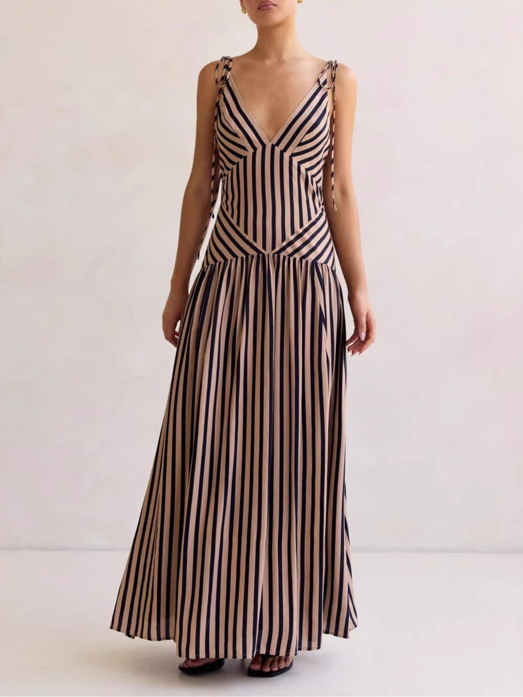 Striped V-Neck Tie-Shoulder Maxi Dress