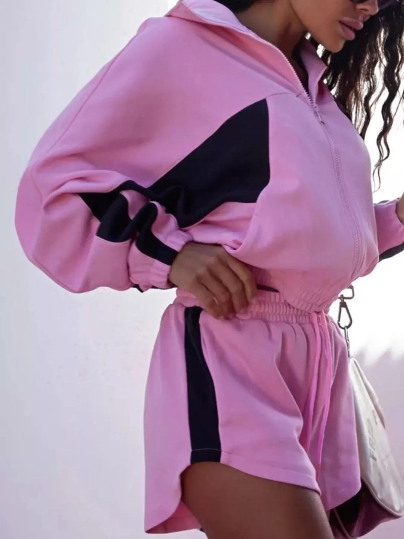 Zip Up Long Sleeve Outerwear and Shorts Set