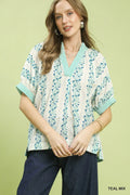 Umgee Mix Print Boho Blouse with Contrast Trim