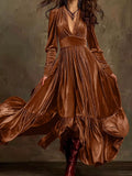Velvet V-Neck Long Sleeve Ruffled Dress