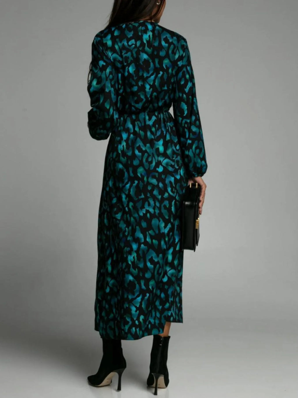 Printed Surplice Long Sleeve Midi Dress