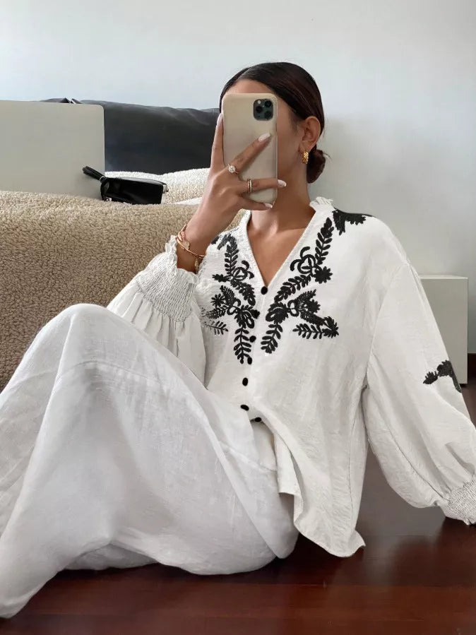 Embroidered Notched Long Sleeve Blouse